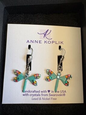 Anne Koplik Teal Dragonfly Earrings with Multicolor Crystals